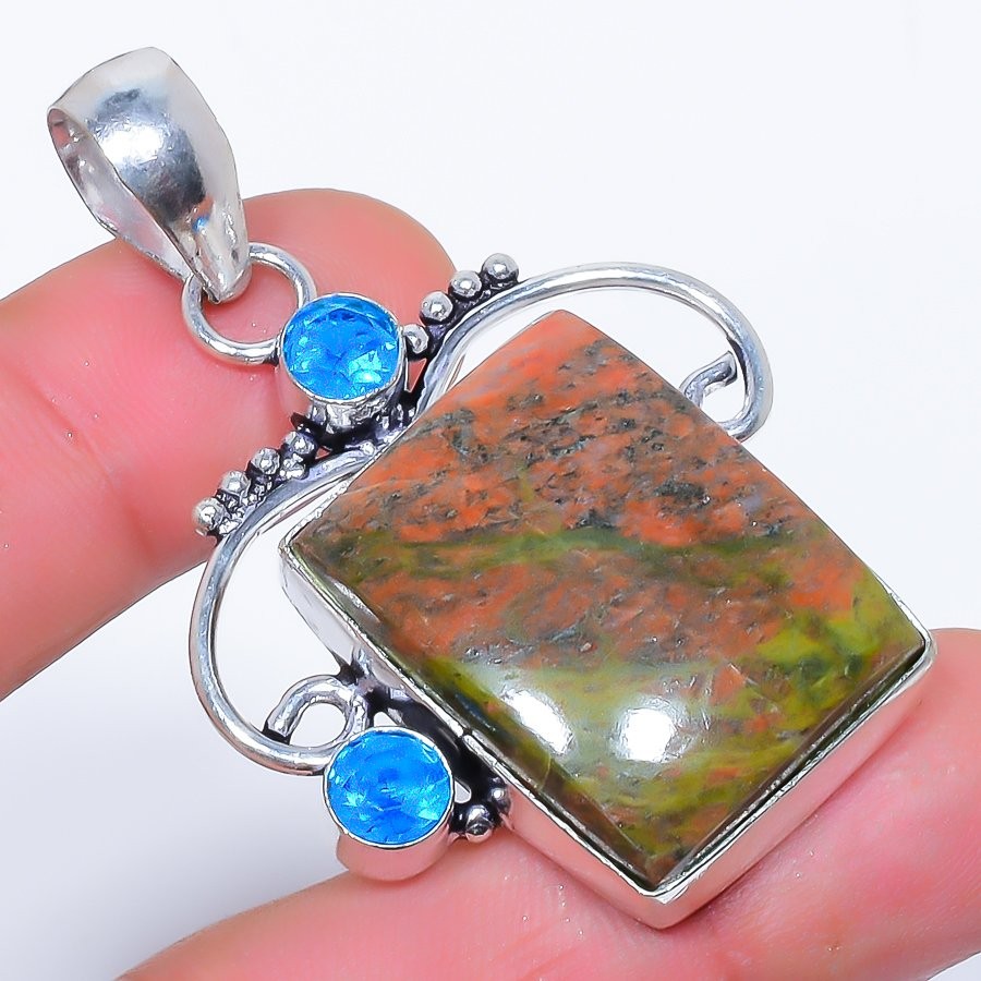 Natural Unakite & Blue Topaz Gemstone 925 Silver Plated Pendant 2.1″ S191
