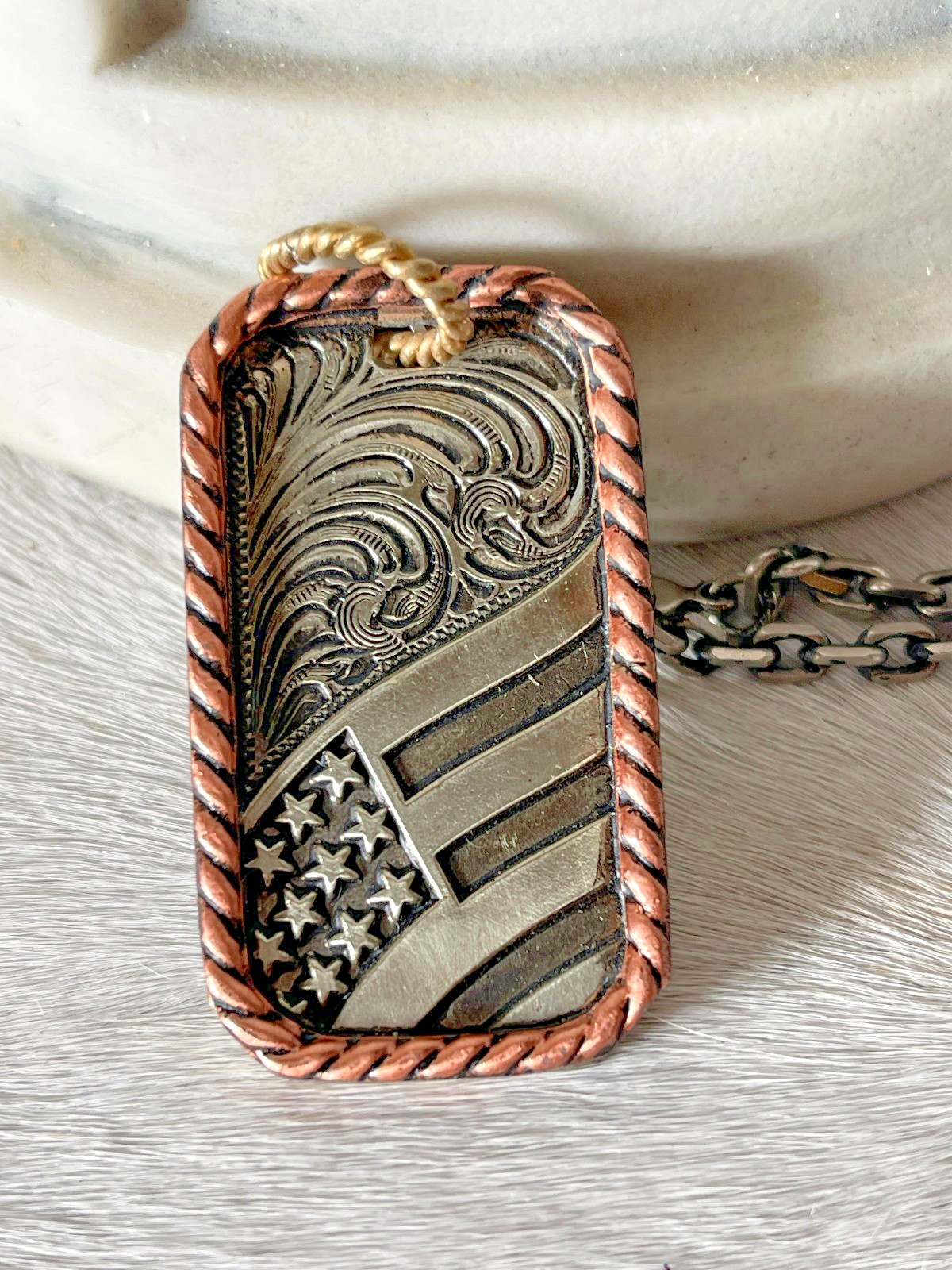 Silver Strike Mens Necklace 24 in Dog Tag Engraved Silver US Flag Chain America
