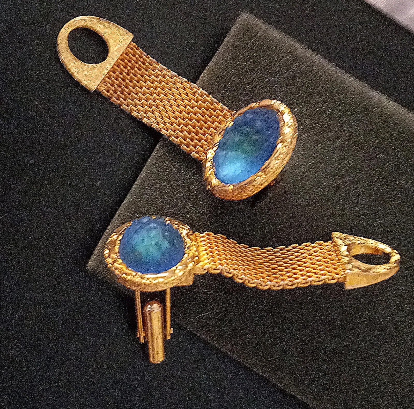 Unique Moon Glow Goldtone Cufflinks. Blue Green