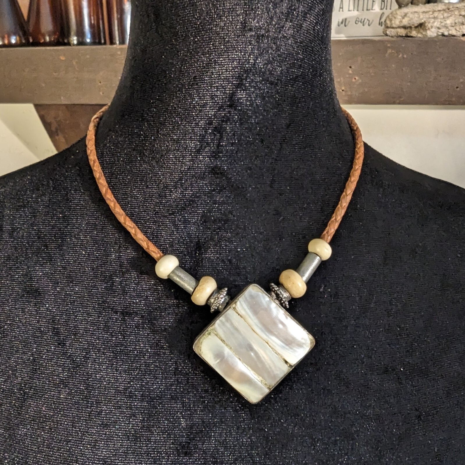 Artisan Braided Leather Cord Bone Beads Large Mother of Pearl Medallion Choker