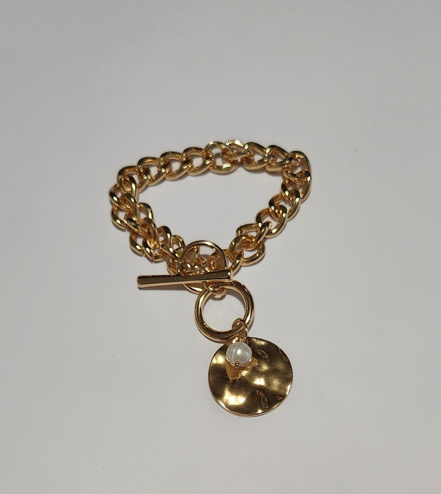 Pearl & Gold Pendant Toggle Clasp Necklace & Bracelet- Gold tone – 7.5 & 20 in