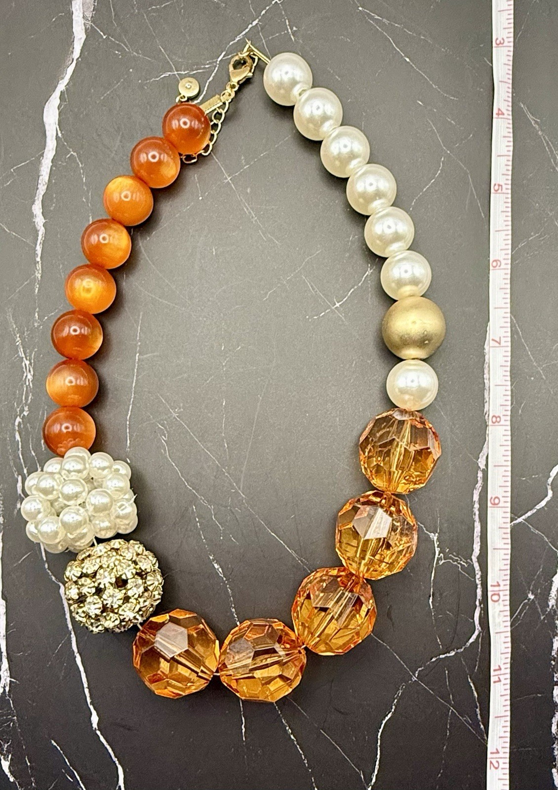 Chico’s Orange Pearl Crystal Pave Ball Chunky Statement Necklace C 1946 18-22″