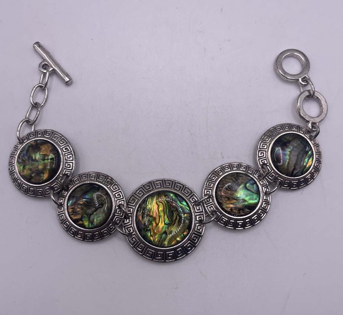 Vintage Silver Tone Abalone Shell Greek Key Link Bracelet Boho Hippie Jewelry 8”