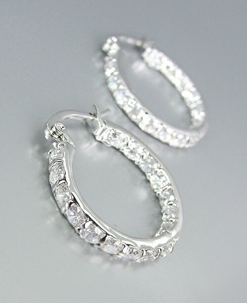 18kt White Gold Plated INSIDE OUTSIDE Crystals Dainty Petite 8mm D Hoop Earrings