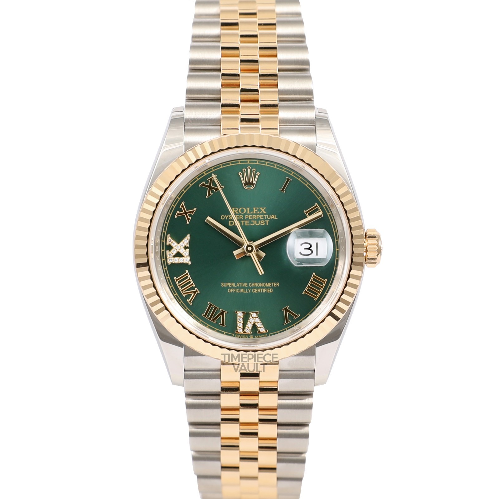 Rolex Datejust 36mm Gold & Steel 126233 Olive Green Diamond Roman Fluted Jubilee