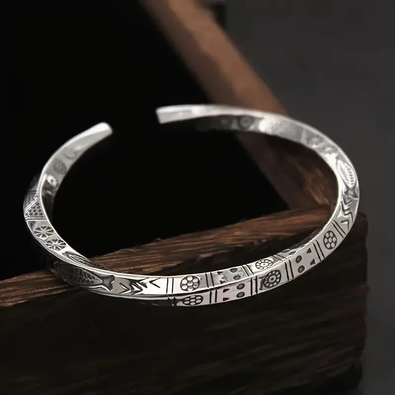 Elegant 925 Sterling Silver Maya Sun Totem Charm Wrist Bracelet Open Bangle Cuff