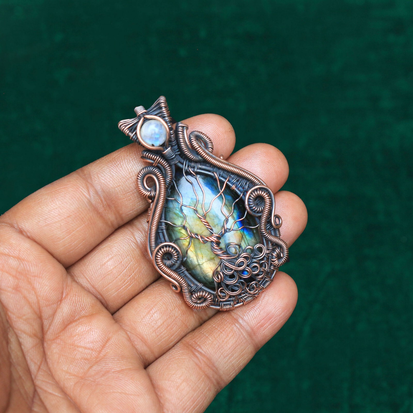 Yellow Fire Labradorite Copper Wire Wrap Tree Of Life Pendant Jewelry Gift NK547