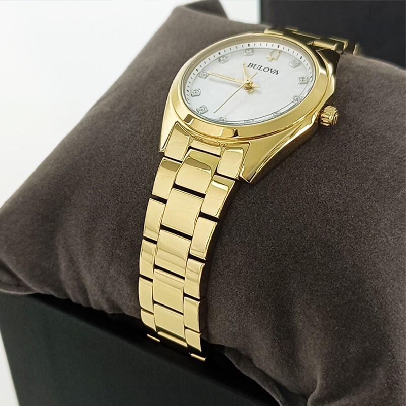 Bulova Surveyor Diamonds Gold Bracelet White Dial Women 97P172 Quartz Watch 31mm