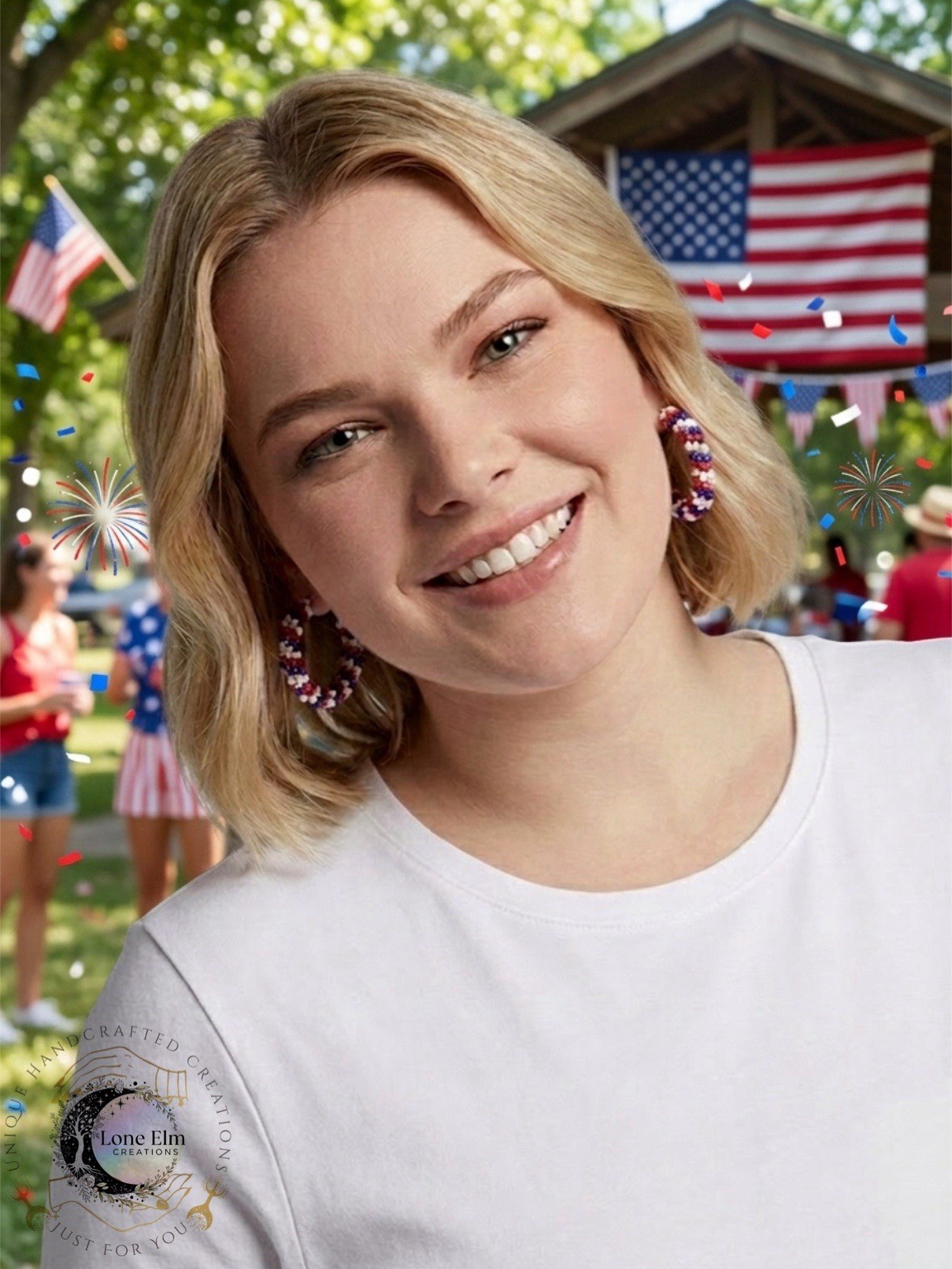 Red White & Blue Beaded Hoop Earrings Round Bead Hook Flags & Political
