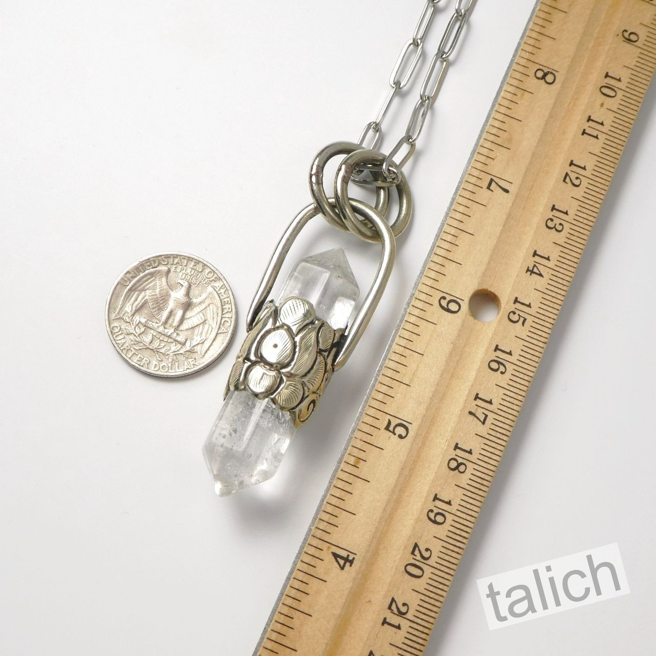 Double Point Rock Crystal Point Floral Tibetan Silver Pendant Long Necklace Chic