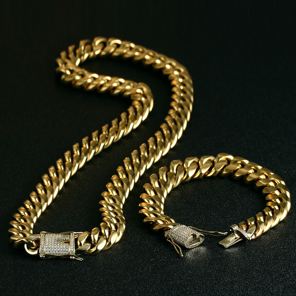 14k Gold Plated Stainless Steel Miami Cuban Link Bracelet Or Chain with CZ Clasp