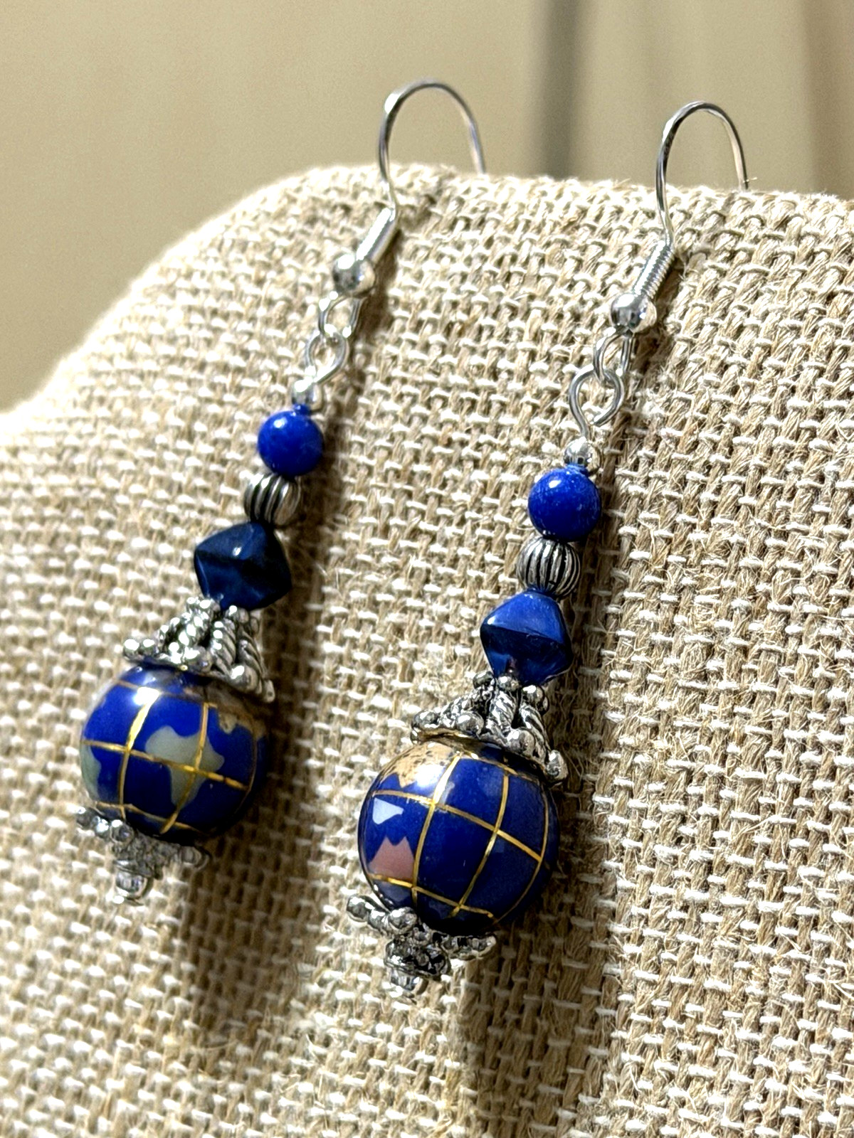 NEW ITEM*VTG.12MM BLUE LAPIS GEMSTONE INTARSIA GLOBE EARRINGS .925 EAR WIRES-NEW
