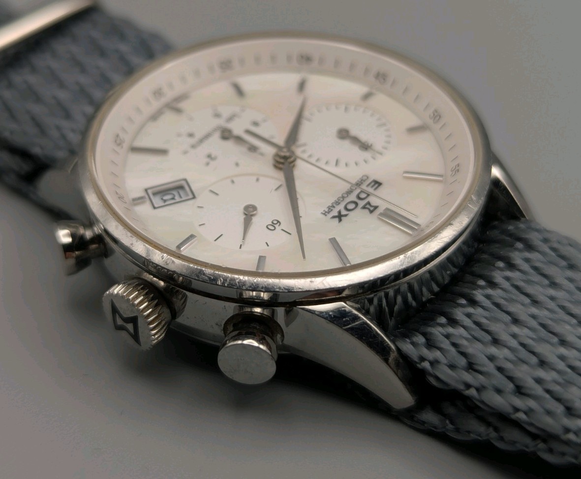 Edox Les Vauberts Quartz Chronograph. Mother Of Pearl Dial. ZuluDiver NATO Strap