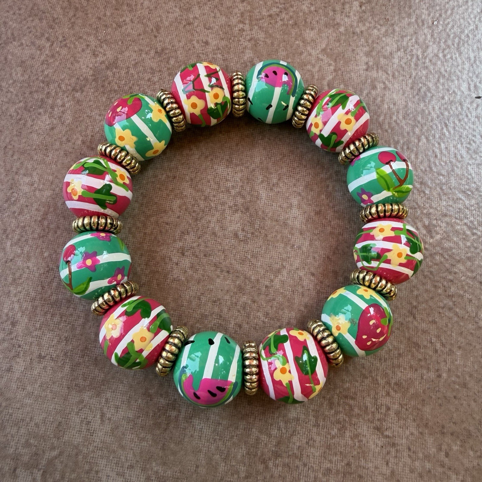 Angela Moore Hand Painted Stretch Beaded Bracelet Fruits Of Summer Gold tone EUC