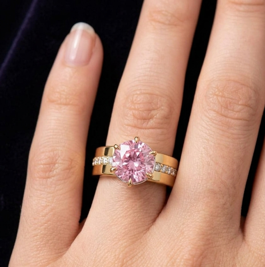 RARE 5.00 Ct Certified Round Cut Pink Natural Diamond Ring Yellow Gold Finish