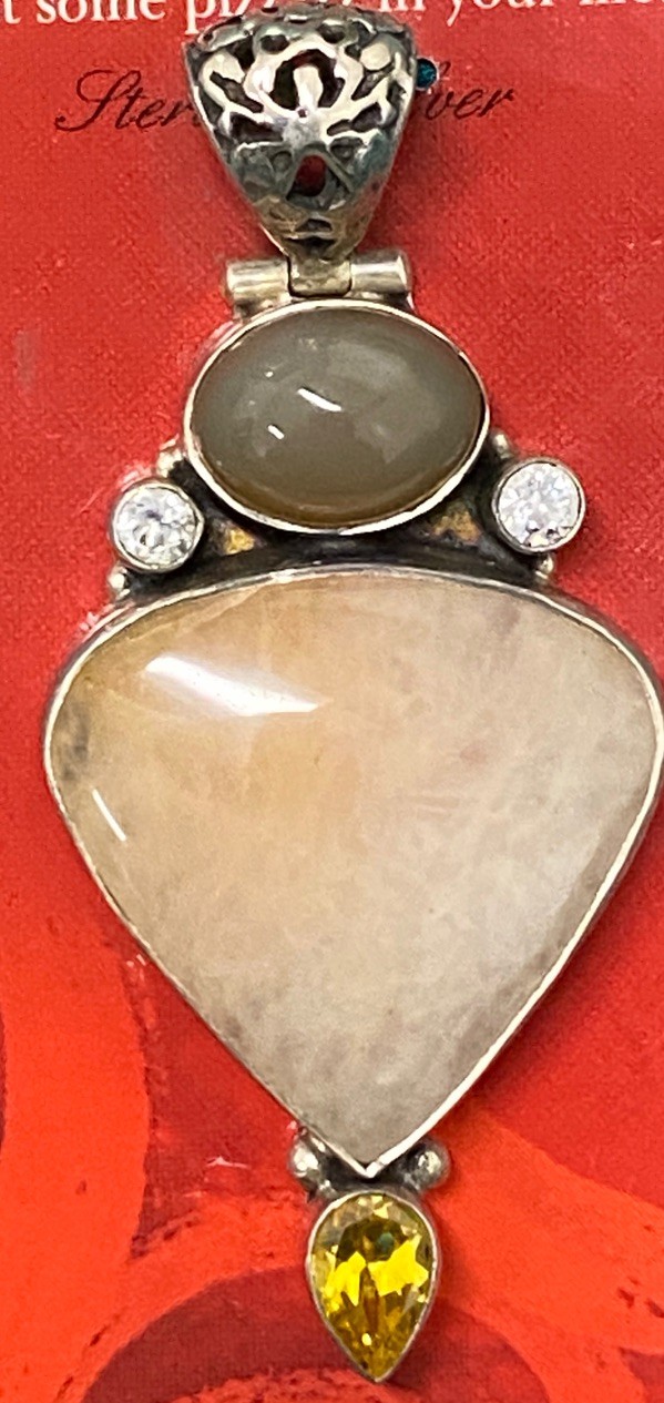 Large Sterling 925 Multi Stone Pendant Morganite Citrine Moonstone Artisan