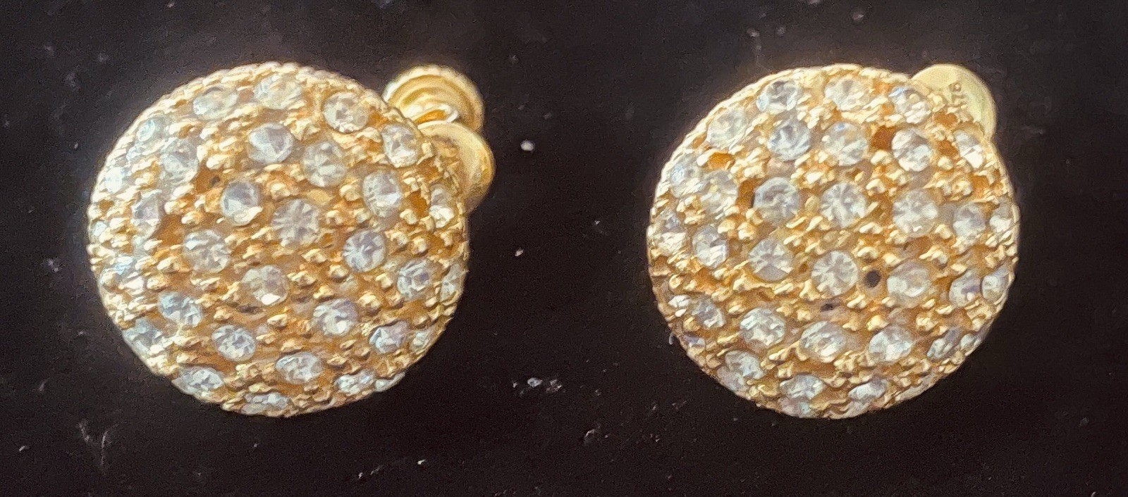 Vintage Goldette gold-tone and rhinestone dome/pave clip-on screw-back earrings.