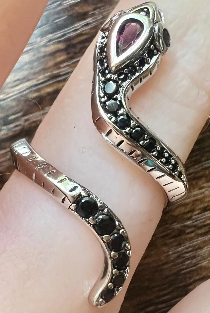 REAL Sapphire 14K W Gold on SOLID 925 Coiled Snake Adjustable Ring Egyptian Rev.