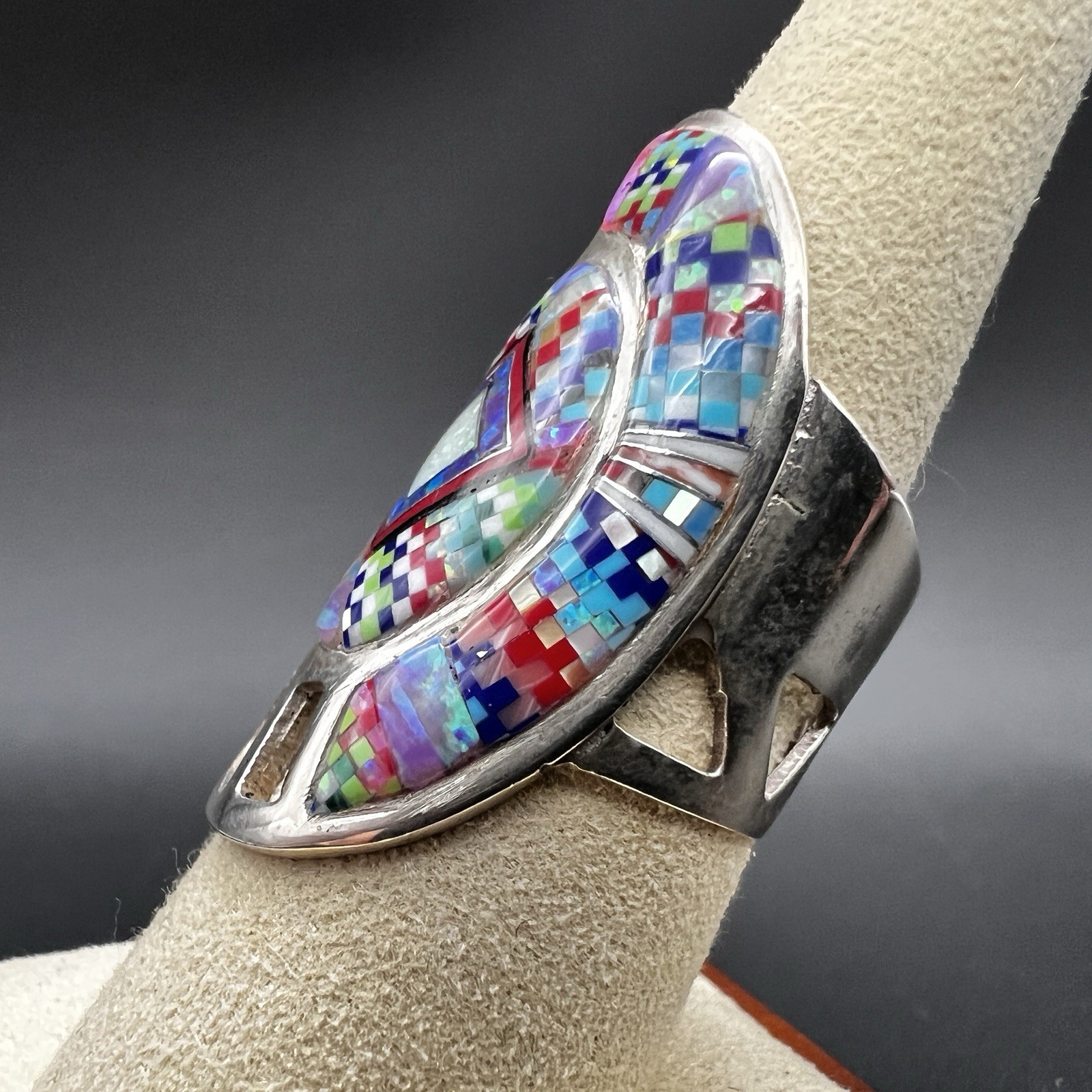 Sterling Silver Inlay Native American Ring Turquoise Opal & Other Size 7.5 10g