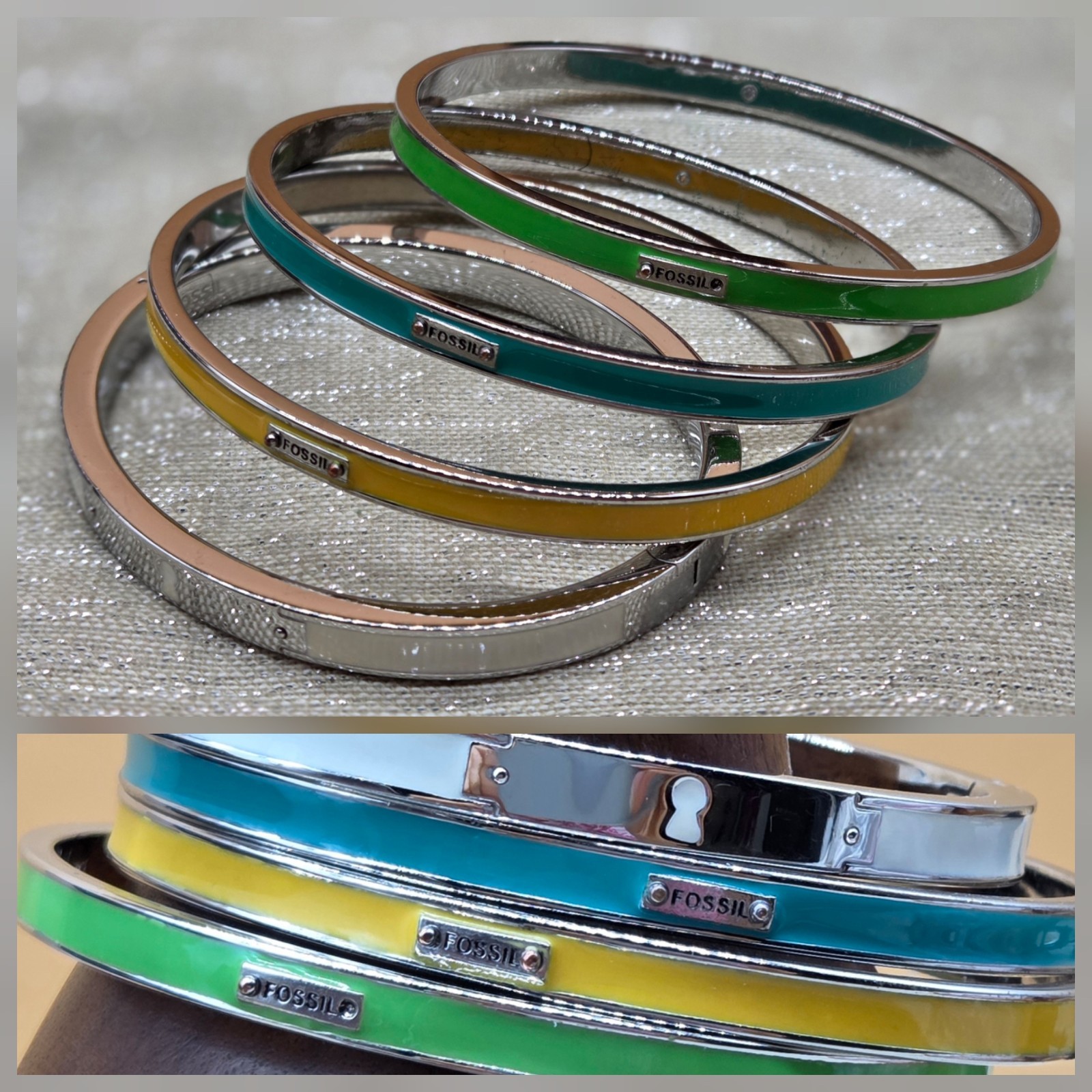 Lot of 4, FOSSIL Green Yellow Blue White Silver Tone Bangle Bracelets