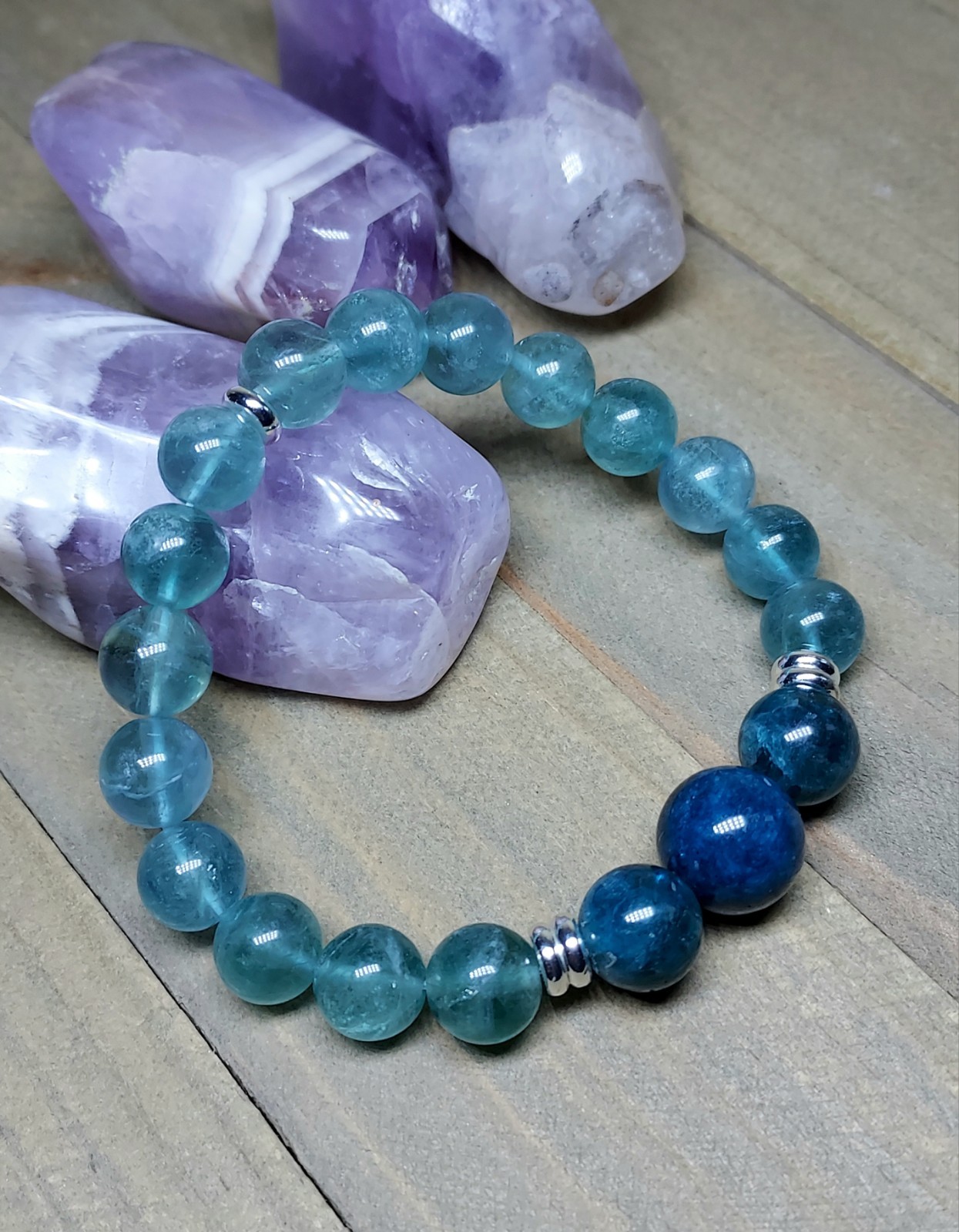 Blue Fluorite Bracelet With Blue Apatite, One Of A Kind Crystal Healing, 6.50″