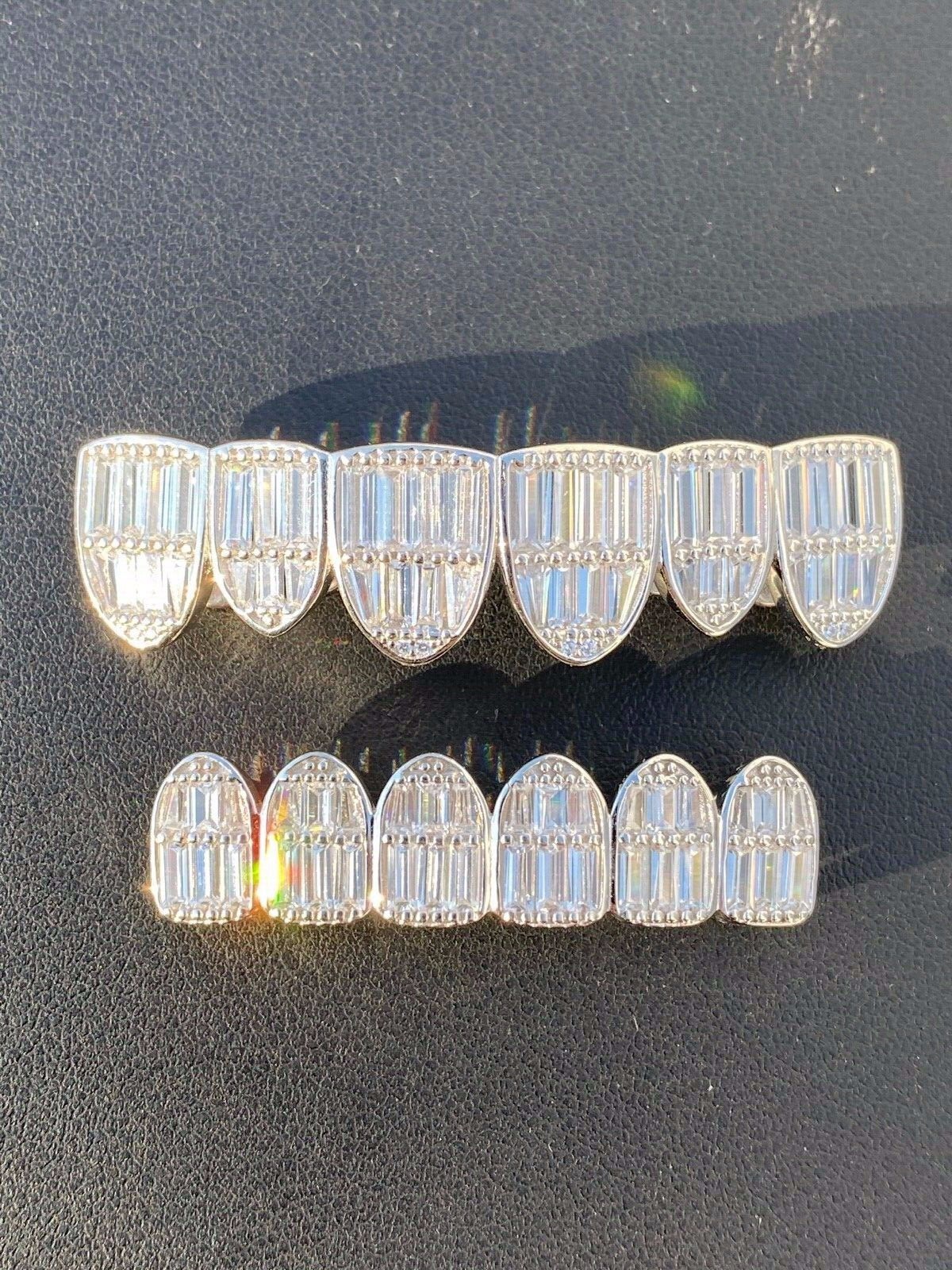 Real Solid Hip Hop 925 Sterling Silver Grillz Baguette Diamond Iced Grills Set