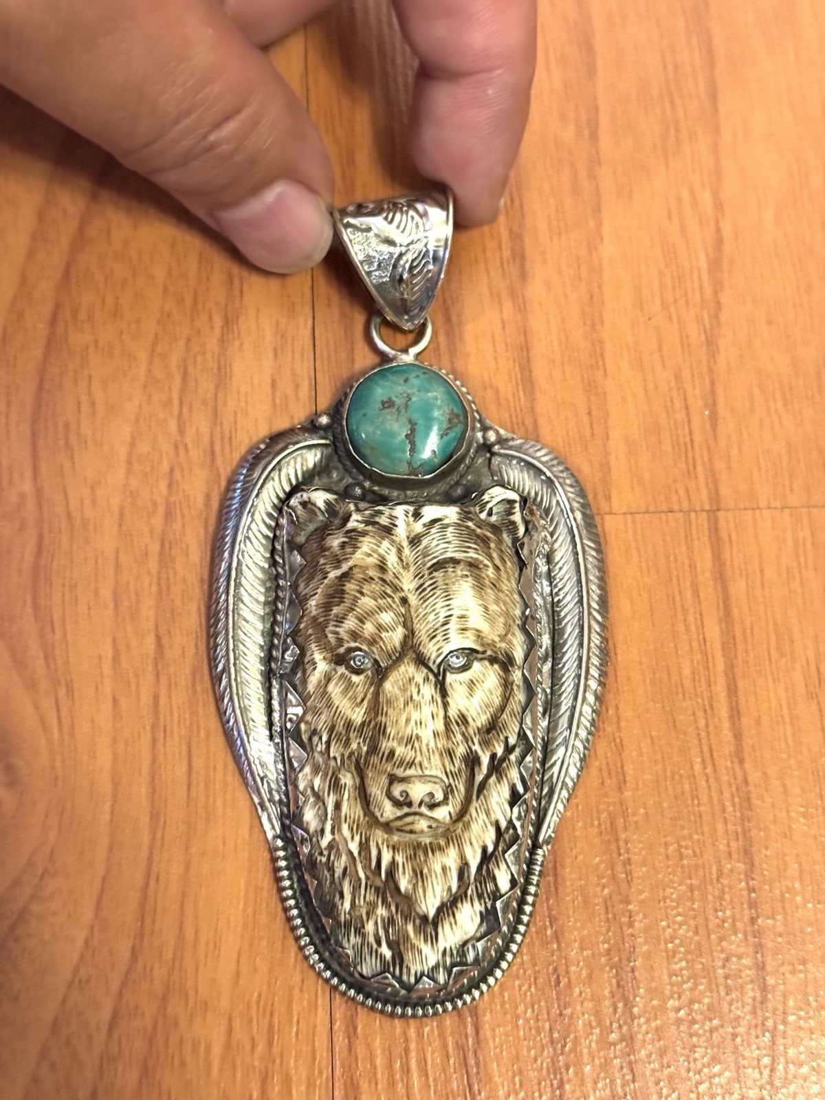 Hand Carved & Handmade Large Bone Pendant,Bear Face Art,Turquoise & Silver 58 gr