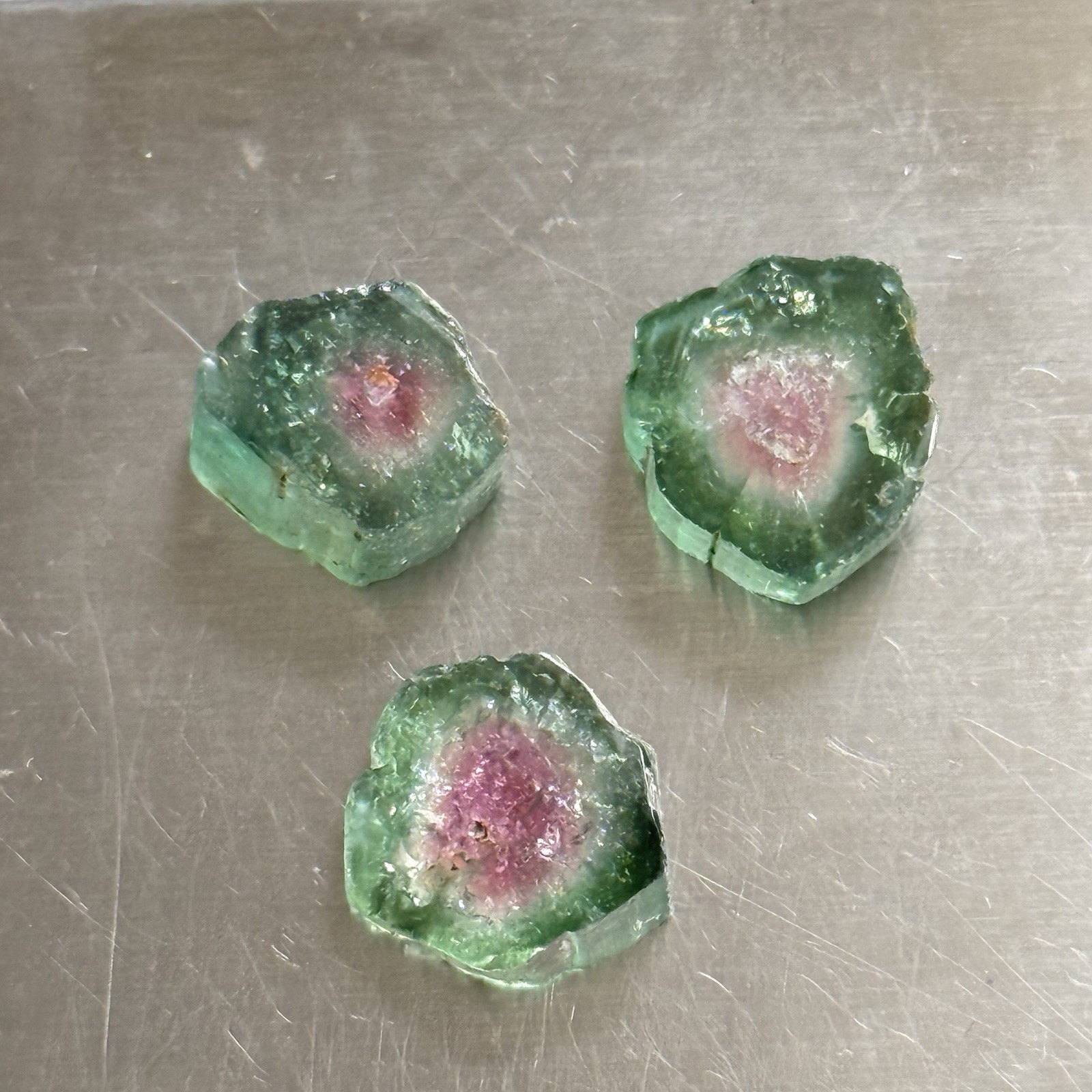 14ct 11-12×2.8-4.7mm 3pc Lot Pink Green Watermelon Tourmaline Slices Cabochons