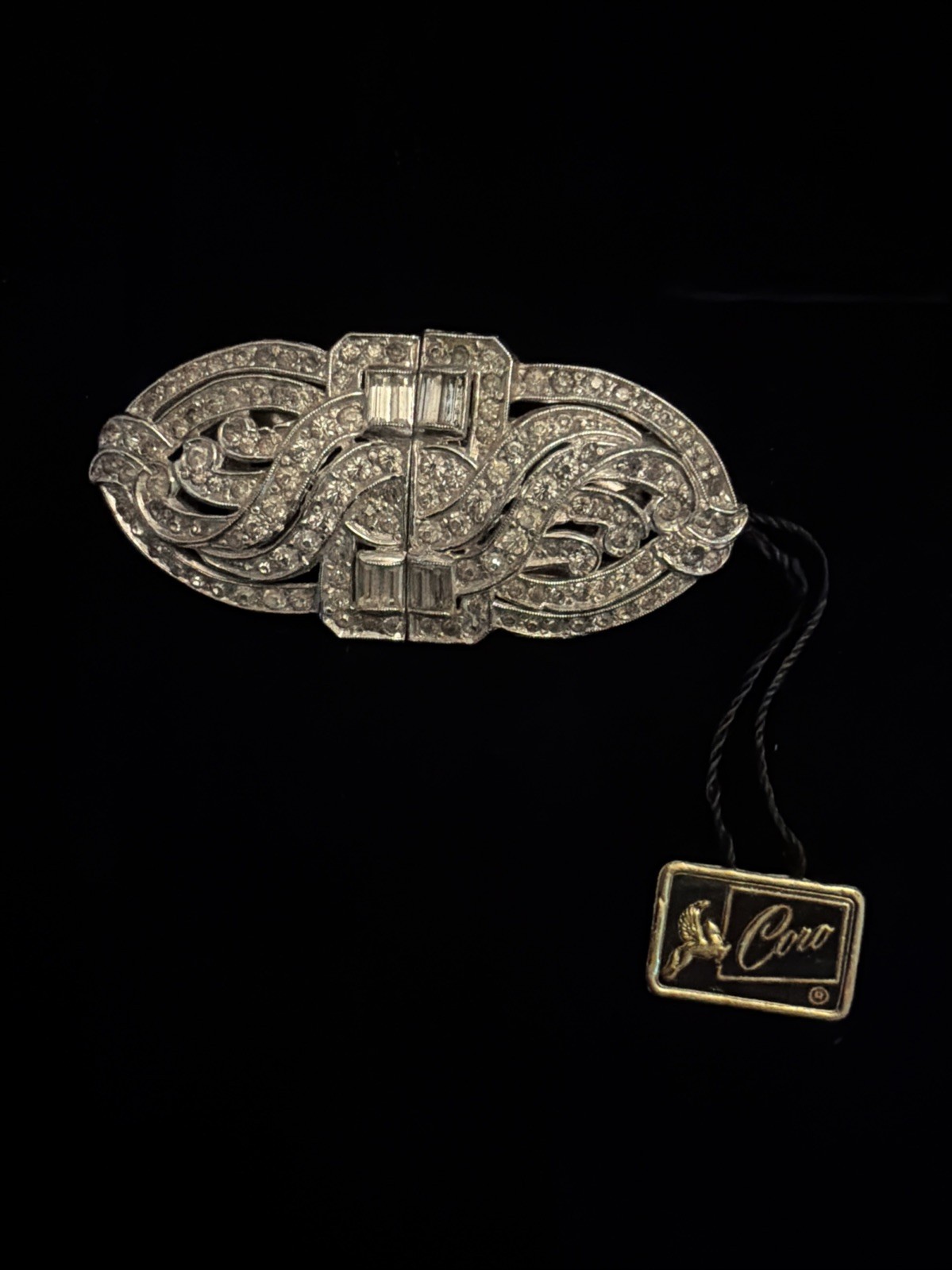 Vintage Coro Duette Art Deco Convertible Brooch Pin Silver Clear Rhinestone Pin