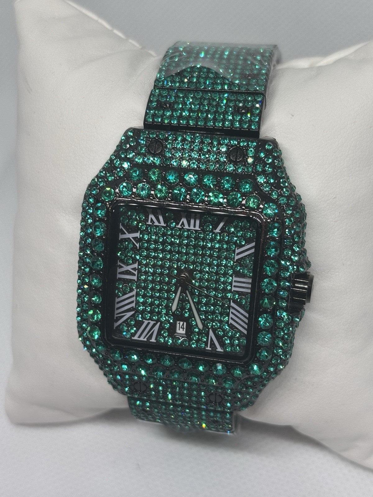 AJ Iced Out Green Crystal Watch Black Stainless Steel Roman Dial New