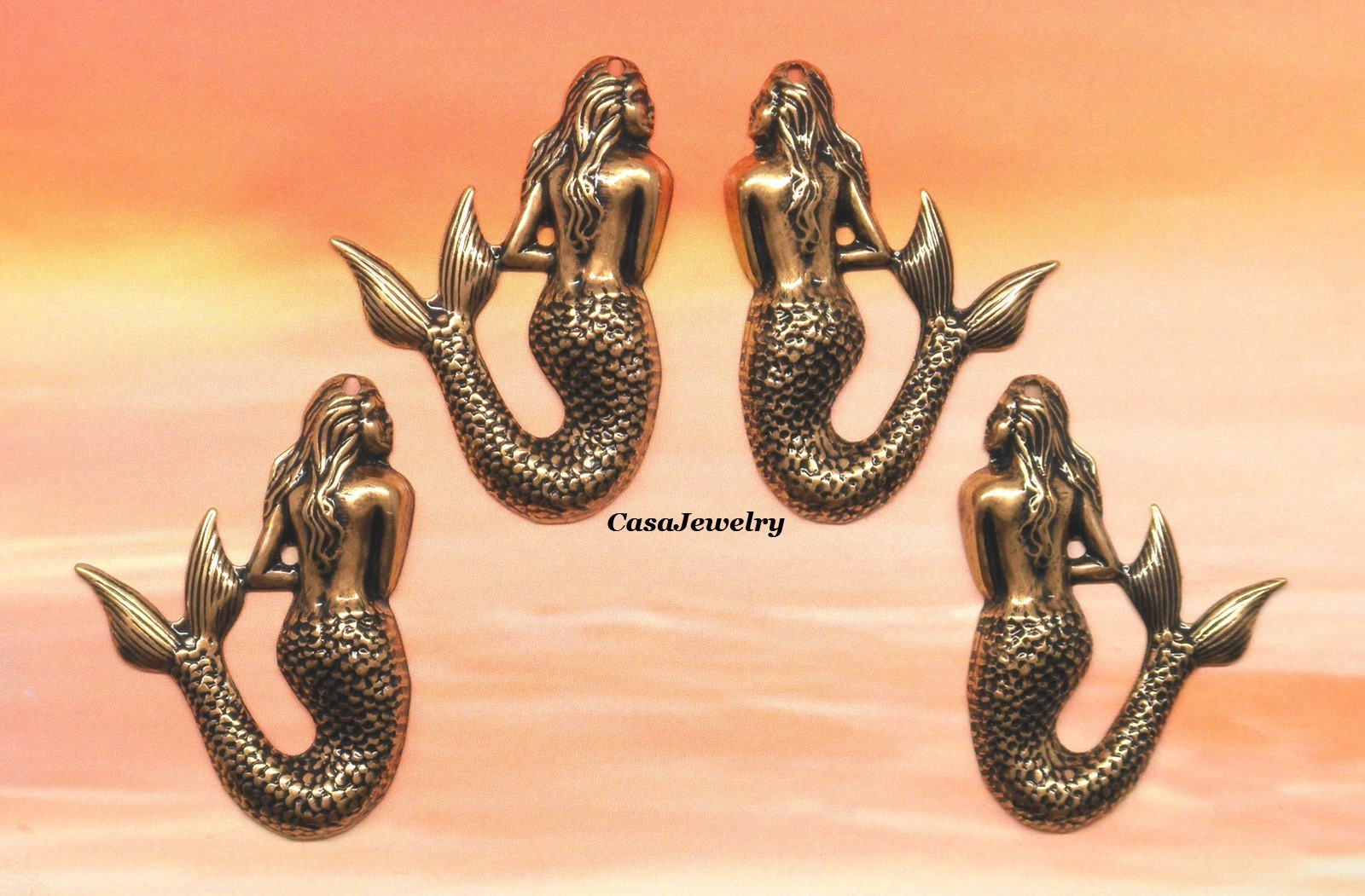 #0141 ANTIQUED GOLD L & R MERMAIDS W/TOP HANG HOLE – 4 Pcs (2 Pr)