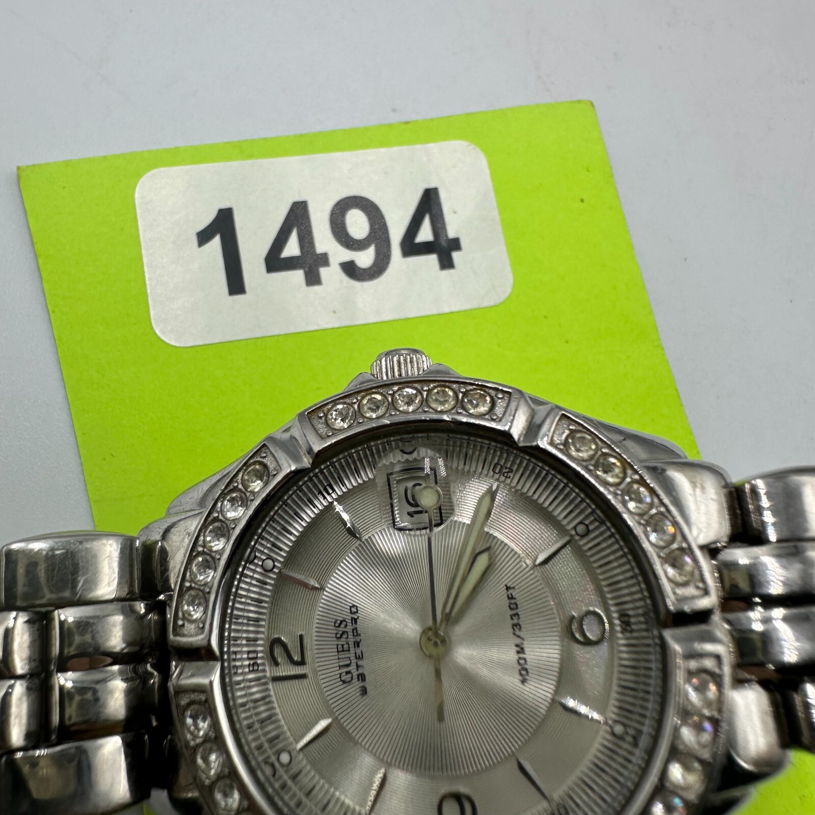 Guess Waterpro Watch Women Silver Tone Crystal Bezel Date Window 34MM Dial 6.25″