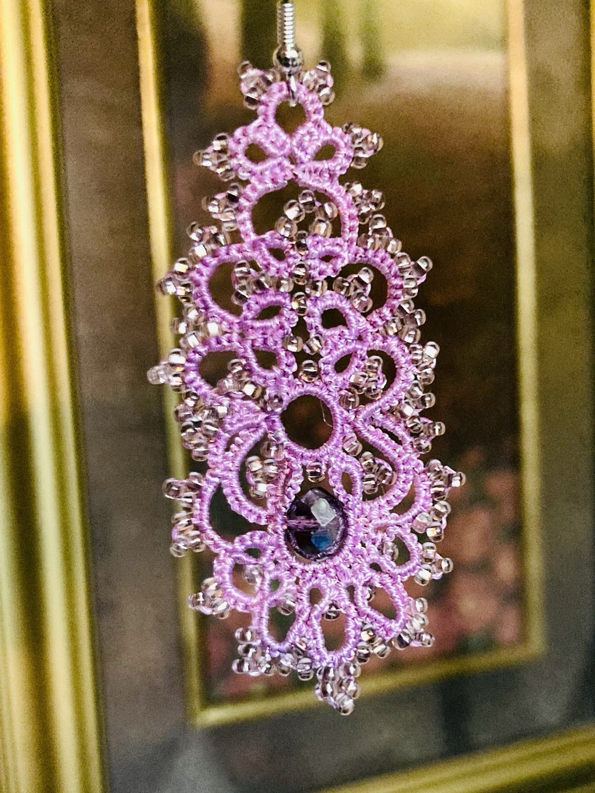 Handmade Mauve Tatted Crochet Lace Drop Earrings with faceted bead accents NWOT