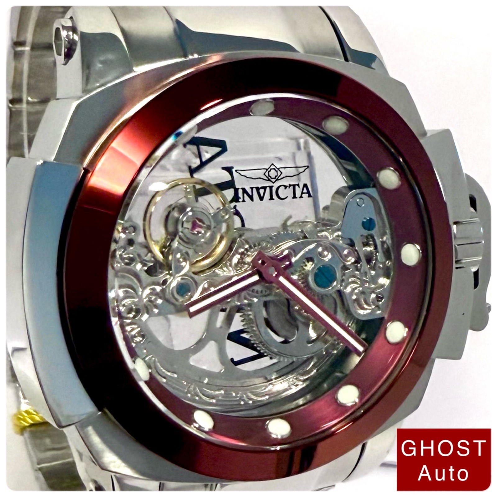 48mm GHOST | Red Bezel | Silvertone Bracelet | MAN of WAR Invicta Mens Watch