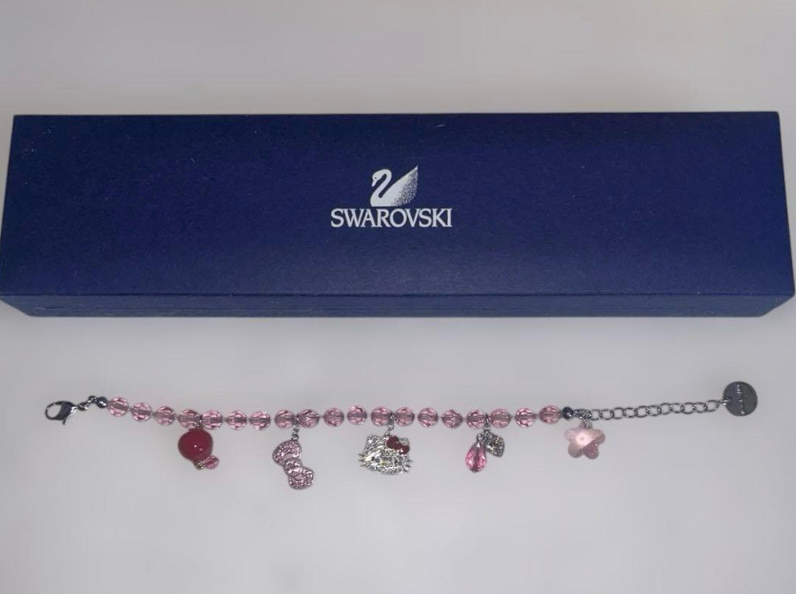 Unused Swarovski Hello Kitty Charm Bracelet Pink Crystal 20cm 7.9″ Rare Gift Box