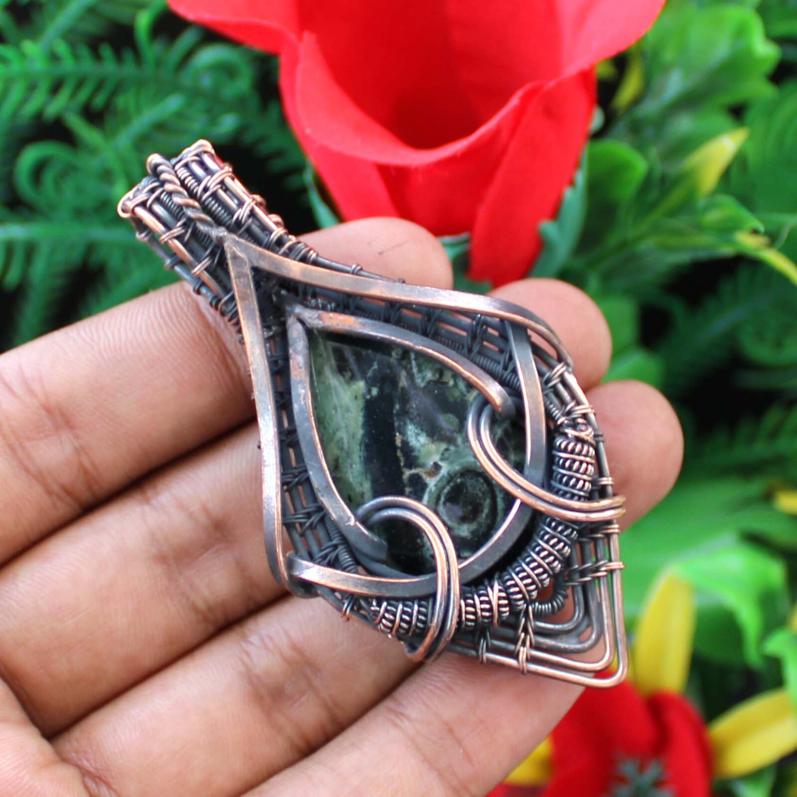 Kambaba Jasper Pendant Copper Wire Wrapped Pendant Handmade Jewelry Gift For Her