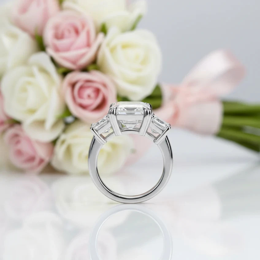 3CT Emerald Cut Created Diamond Option 3 Stone Engagement Ring In 925 Silver