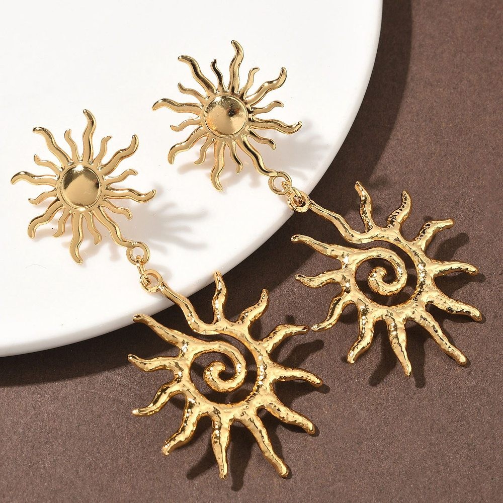 Stud Earrings Stainless Steel 18K Gold Plated Sun 2.76 in Fashion Jewelry E58