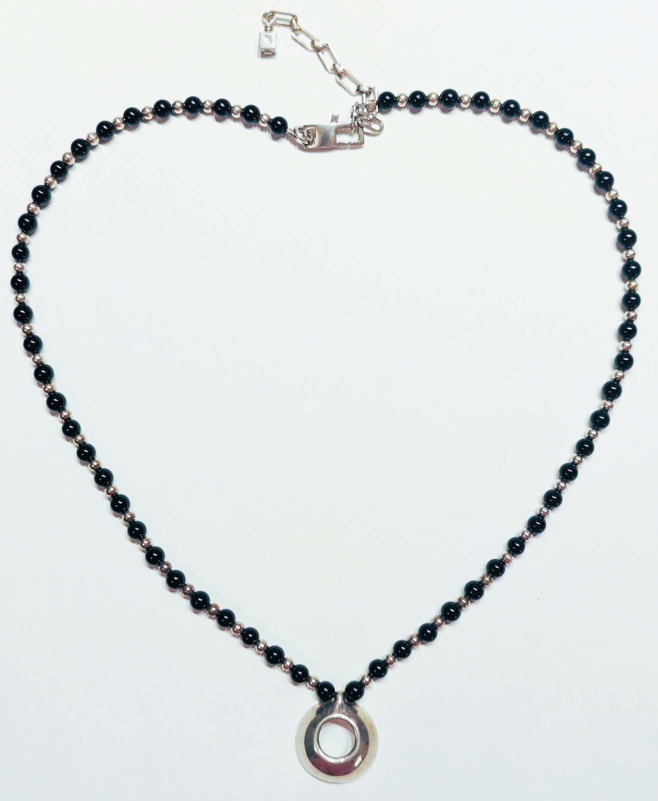 1990s JKAT Chicago STERLING 925 MODERN BLACK ONYX Beaded DONUT Pendant NECKLACE!