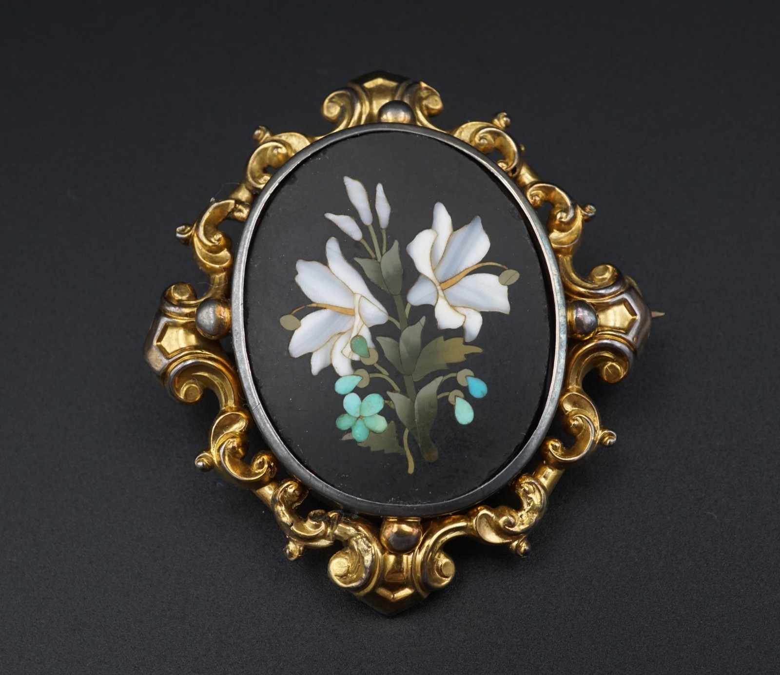 Antique Victorian Pietra Dura Floral Brooch Inlay 9k Yellow Gold OG603