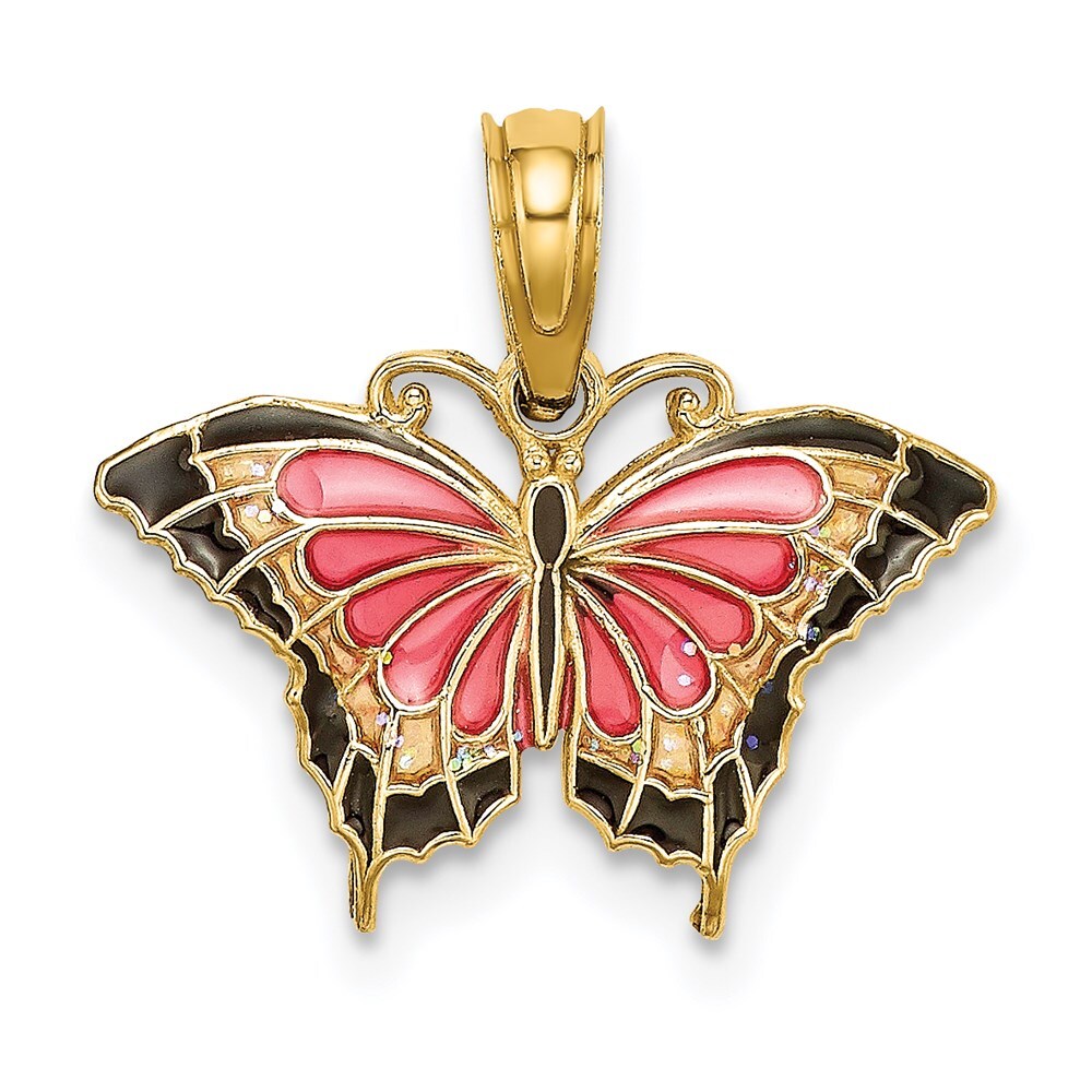 14k Yellow Gold Small Enameled Pink Butterfly Pendant 0.73gm L-15.1mm, W-17.2mm