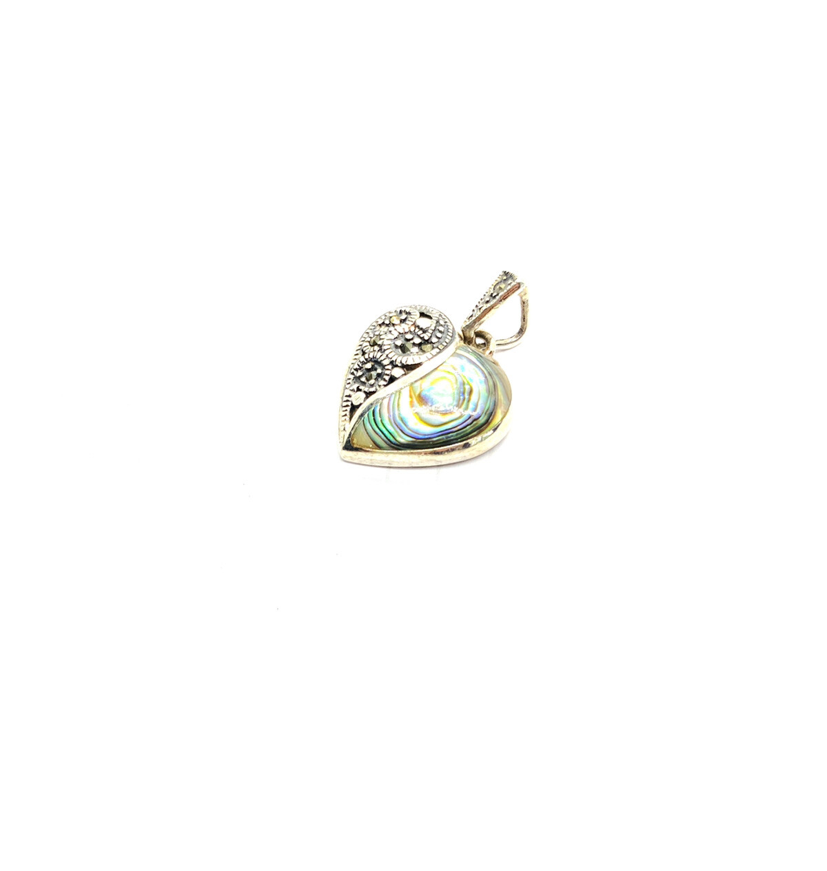 ABALONE SHELL HEART PENDANT Marcasite Stones Filigree .925 STERLING SILVER