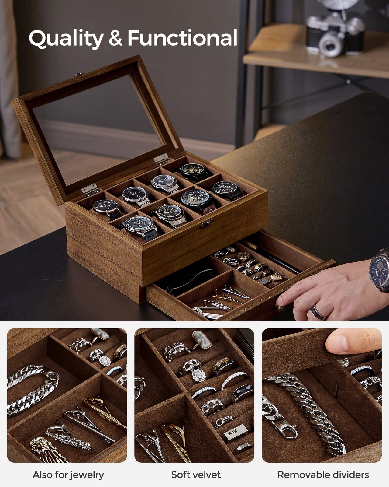SONGMICS 8-Slot Watch Box, 2-Tier Watch Display Case with Large Glass Lid, Re…