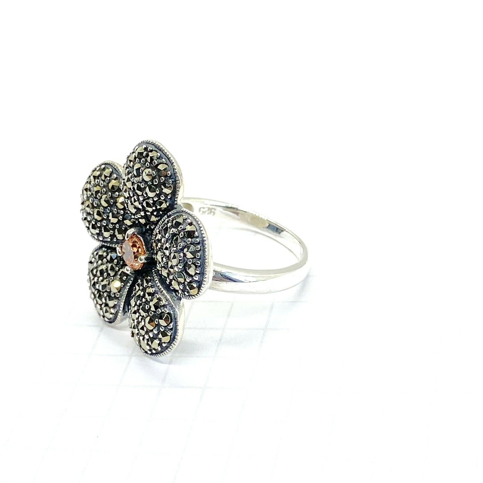 (SIZE 6,7,8,9) Big FLOWER RING Orange Citrine & Marcasite .925 STERLING SILVER