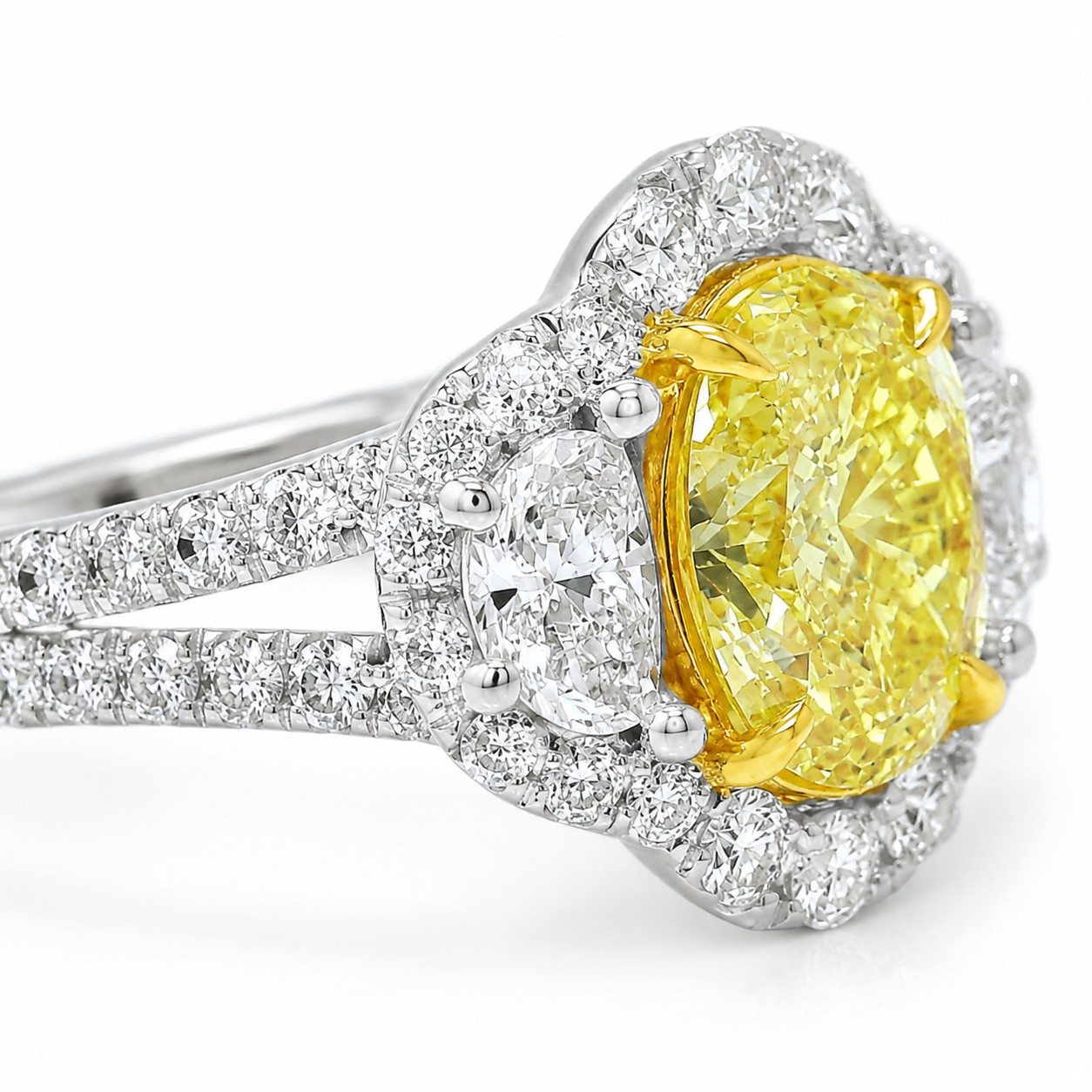 GIA Fancy Vivid Yellow Natural Diamond Ring 18K White Gold | 2.14ctw | Half Moon