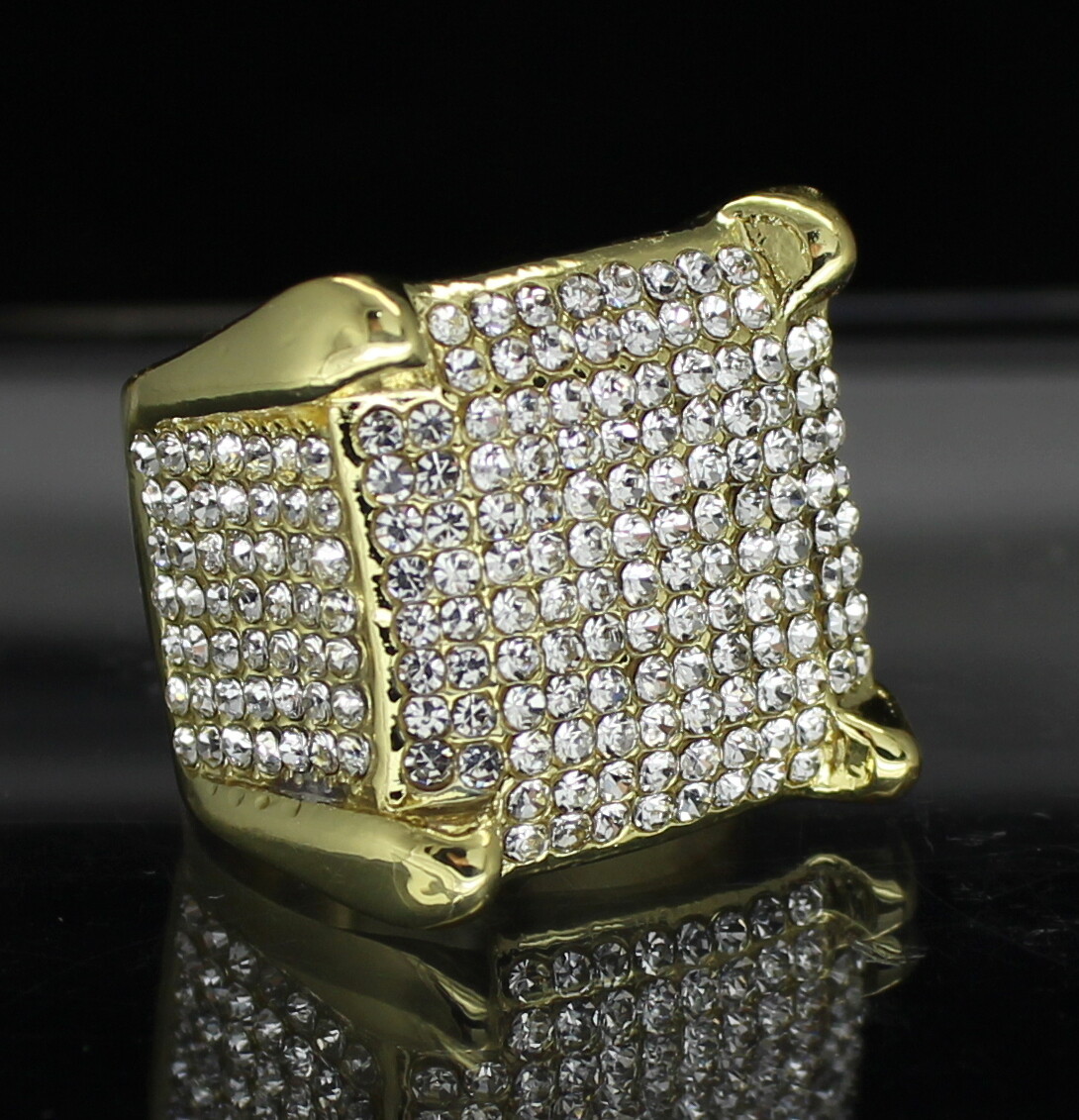 Mens Iced Square Pinky Ring Cz Band 14k Gold Plated Hip Hop Fashion