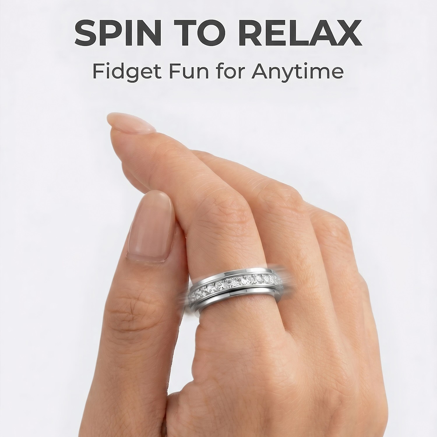 Silver Copper Zircon Fidget Relieving Anxiety Rotatable Ring Gift Size 5 to 12