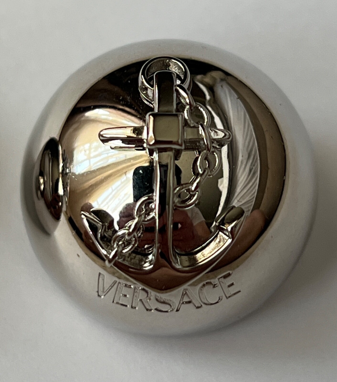 NIB Versace Nautical Anchor Logo Large Silver Sphere Round Ball Earrings $975