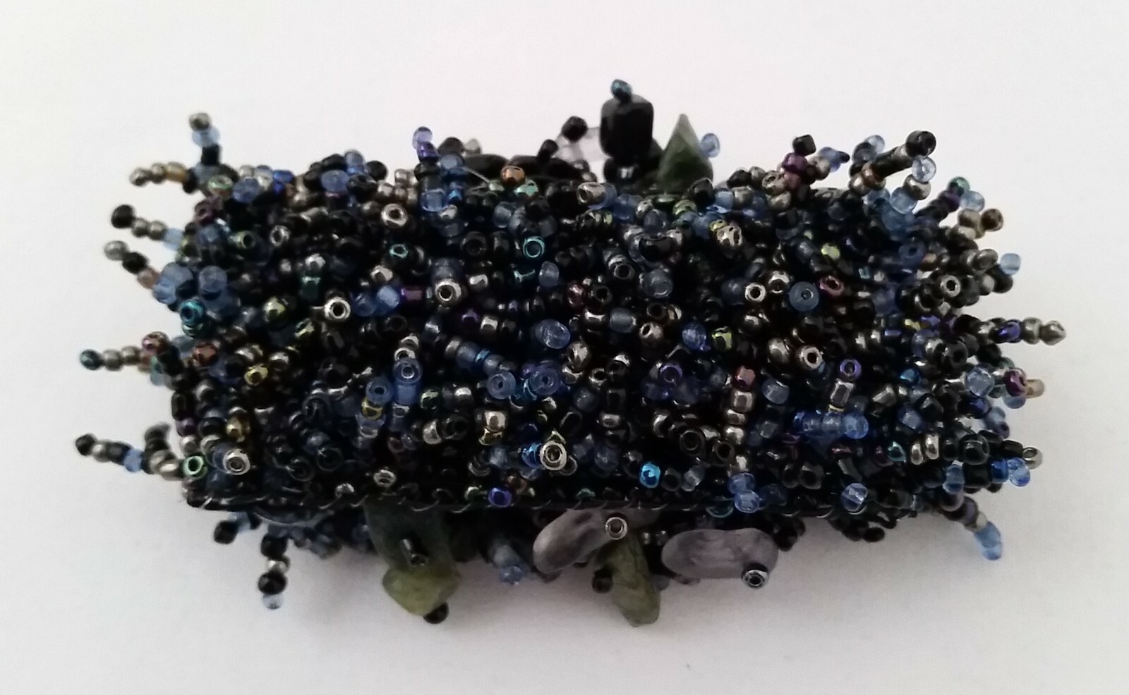 Handmade Bracelet GLASS BEADS BLACK IRIDESCENT BLUE PEACOCK GREEN JASPER 6 inch