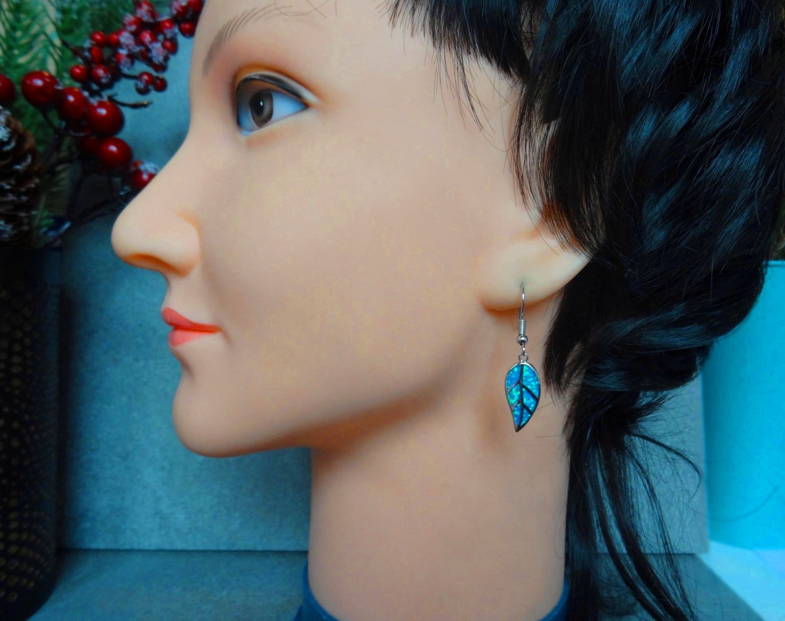 Opal Leaf Earrings Blue Fire Opal Earrings with Leaf Opal Pendant Stainless Steel